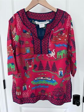 Gretchen Scott Red Print Tunic Top Size Small GUC